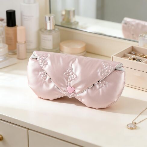 Pink Heart Shaped Glasses Case with Polka Dot Embossed Bow, Soft Sunglasses Case for Women Eyeglass Pouch Embossed Bow Glasses Cases with Clip Womens Eyeglass Storage Sun Glass Case Sunglass Bag Pouch in Saudi Arabia
