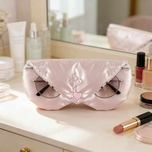 Pink Heart Shaped Glasses Case with Polka Dot Embossed Bow, Soft Sunglasses Case for Women Eyeglass Pouch Embossed Bow Glasses Cases with Clip Womens Eyeglass Storage Sun Glass Case Sunglass Bag Pouch in Saudi Arabia