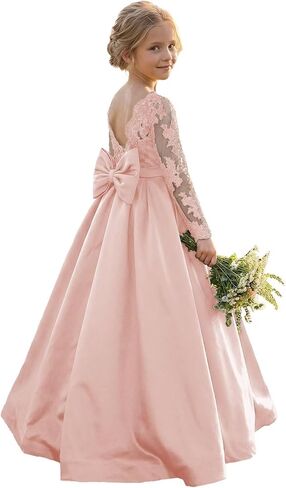 Long Sleeve Satin Flower Girl Dresses for Wedding Lace Applique Pageant Dresses for Girls Prom Ball Gown in Saudi Arabia