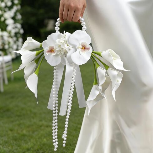 Novabright White Rose Bridal Bouquet with Pearl Handle, Bridal Pearly Bouquet with Flowers with Pearl Bead for Wedding Party Church Bridesmaid(Calla Lily) in Saudi Arabia