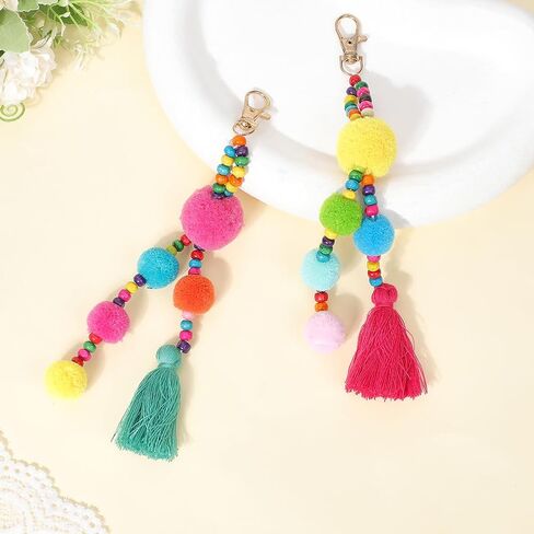 Pom Pom Tassel Keychain Colorful Bohemian Tassel Bag Charm Key Chain in Saudi Arabia