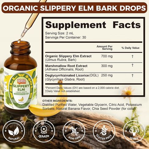 Slippery Elm Liquid Drops, Marshmallow Root, Slippery Elm Bark Tincture with DGL Licorice Extract, Digestive Balance, Soothing Throat Support & Stomach Comfort, Vegan, 60ML in Saudi Arabia