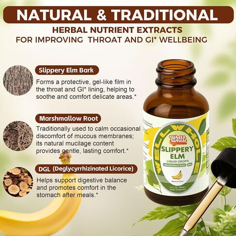 Slippery Elm Liquid Drops, Marshmallow Root, Slippery Elm Bark Tincture with DGL Licorice Extract, Digestive Balance, Soothing Throat Support & Stomach Comfort, Vegan, 60ML in Saudi Arabia