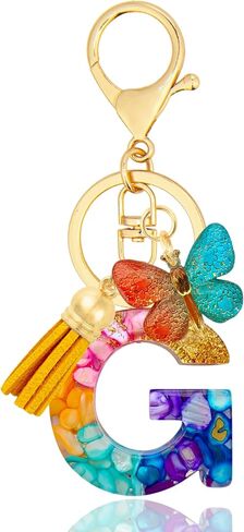 Resin Initial Letter Keychain with Butterfly Charm and Tassel Pendant - Cute Alphabet Bag Charm for Women, Girls in Saudi Arabia