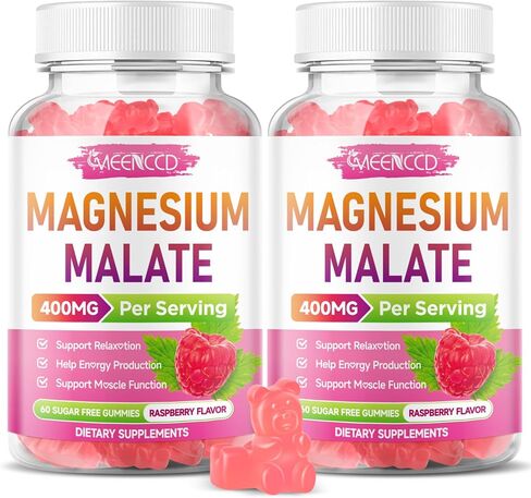 Magnesium Malate Gummies, Magnesium 400 mg, Magnesium Mineral Supplements for Energy Production & Muscle Health, Gluten-Free, Sugar-Free, Raspberry Flavor, 60 Count in Kuwait