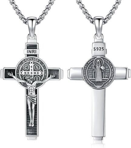 St Benedict Crucifix Necklace 925 Sterling Silver Saint Benedict Cross Pendant for Men cruz de san benito plata 925 Catholic Religious Jewelry Protection Gifts with 22"+2" Rolo Chain in Kuwait