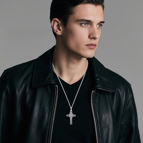 St Benedict Crucifix Necklace 925 Sterling Silver Saint Benedict Cross Pendant for Men cruz de san benito plata 925 Catholic Religious Jewelry Protection Gifts with 22"+2" Rolo Chain in Kuwait
