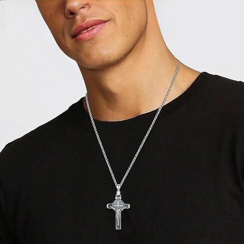 St Benedict Crucifix Necklace 925 Sterling Silver Saint Benedict Cross Pendant for Men cruz de san benito plata 925 Catholic Religious Jewelry Protection Gifts with 22"+2" Rolo Chain in Kuwait