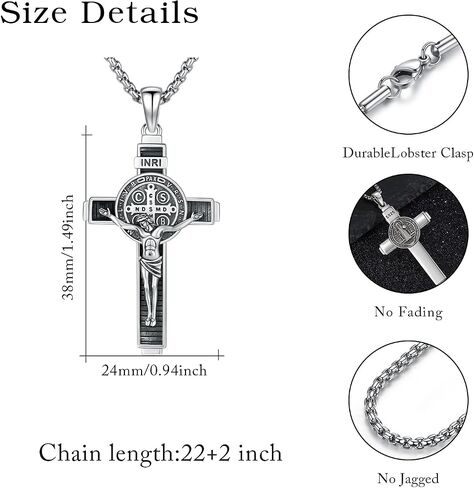 St Benedict Crucifix Necklace 925 Sterling Silver Saint Benedict Cross Pendant for Men cruz de san benito plata 925 Catholic Religious Jewelry Protection Gifts with 22"+2" Rolo Chain in Kuwait