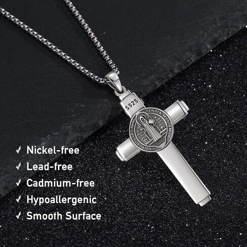 St Benedict Crucifix Necklace 925 Sterling Silver Saint Benedict Cross Pendant for Men cruz de san benito plata 925 Catholic Religious Jewelry Protection Gifts with 22"+2" Rolo Chain in Kuwait
