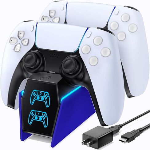 محطة شاحن وحدة تحكم PS5 مع محول تيار متردد للشحن السريع 5 فولت/3 أمبير، حامل شحن وحدة تحكم مزدوجة لجهاز بلاي ستيشن 5، استبدال محطة الإرساء لمحطة شحن DualSense in Kuwait