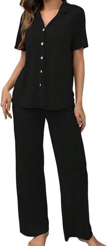 Women Pajamas Set Button Down Sleepwear Short Sleeve Pjs Soft Comfy Nightwear with Long Pants S-XL in Kuwait
