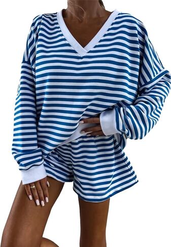 2 Piece Lounge Set Women Stripe Knit Long Sleeve V-Neck Top with Shorts, Shorts Casual Summer Loungewear Shorts Sets in Saudi Arabia