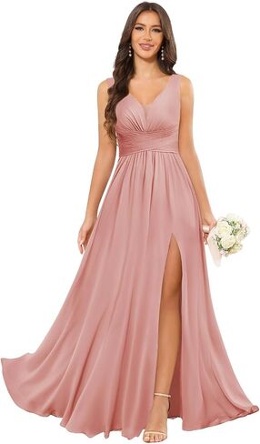 Chiffon Bridesmaid Dresses Long for Women Ruched V Neck Wedding Guest Dress with Slit in Saudi Arabia