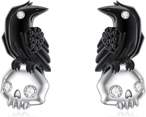 Diamond Skull and Raven Stud Earrings for Women 925 Sterling Silver Crow Earrings Lab Grown Diamond Gothic Jewelry Gifts 0.06 CTTW D Color VVS Clarity in Kuwait