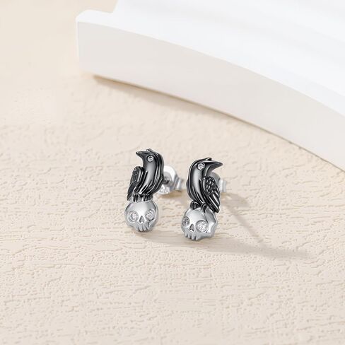Diamond Skull and Raven Stud Earrings for Women 925 Sterling Silver Crow Earrings Lab Grown Diamond Gothic Jewelry Gifts 0.06 CTTW D Color VVS Clarity in Kuwait