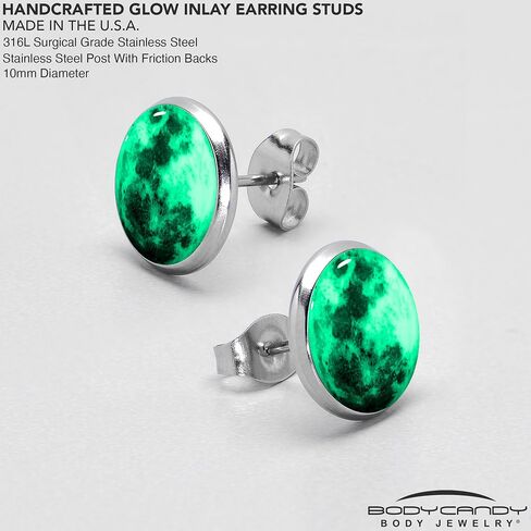 Body Candy Stainless Steel Moon Glow in the Dark Stud Earrings Hypoallergenic in Kuwait