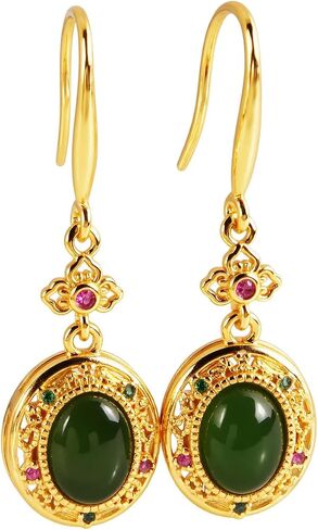 Natural hetian jade copper earrings, Green Jewelry Gift for Women Birthday Christmas in Saudi Arabia