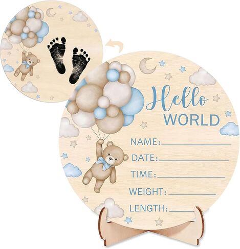 Baby Announcement Sign, Double-Sided Blue Bear Baby Name Sign, 5.9 Inch Wooden Hello World Newborn Sign, Gift for New Mom, Baby Shower, Photography Prop in Saudi Arabia