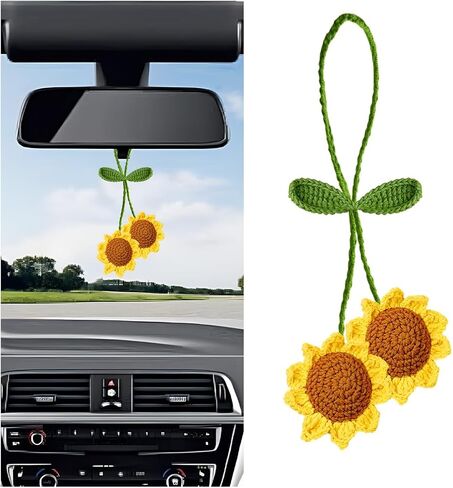 Handmade Sunflower Car Hanging Accessories, Cute Crochet Flower Vehicle Rearview Mirror Pendant, Knitted Plant Automotive Interior Rearview Charm, Universal for Truck SUV Van RV in Saudi Arabia
