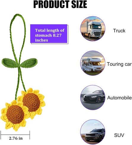Handmade Sunflower Car Hanging Accessories, Cute Crochet Flower Vehicle Rearview Mirror Pendant, Knitted Plant Automotive Interior Rearview Charm, Universal for Truck SUV Van RV in Saudi Arabia