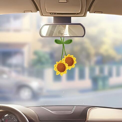Handmade Sunflower Car Hanging Accessories, Cute Crochet Flower Vehicle Rearview Mirror Pendant, Knitted Plant Automotive Interior Rearview Charm, Universal for Truck SUV Van RV in Saudi Arabia