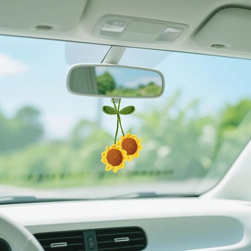 Handmade Sunflower Car Hanging Accessories, Cute Crochet Flower Vehicle Rearview Mirror Pendant, Knitted Plant Automotive Interior Rearview Charm, Universal for Truck SUV Van RV in Saudi Arabia