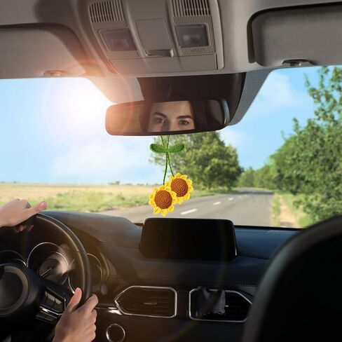 Handmade Sunflower Car Hanging Accessories, Cute Crochet Flower Vehicle Rearview Mirror Pendant, Knitted Plant Automotive Interior Rearview Charm, Universal for Truck SUV Van RV in Saudi Arabia