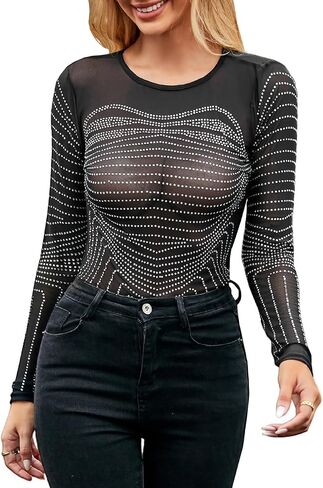 Lrady Women Sheer Mesh Rhinestone See Through Sparkle Long Short Sleeve Bodysuit Tops in Saudi Arabia