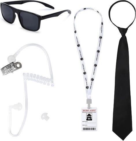 5PCS Secret Agent Costume Accessories, Detective Badge Costume Secret Agent Accessories Includes Sunglasses Zip Tie Secret Agent Lanyards Pass Card Agent Earpiece and Earbud for Cosplay Accessories in Saudi Arabia