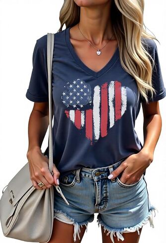 USA Flag T Shirt Women Star and Stripes Graphic V-Neck Tops Red White Blue 4th of July Short Sleeve Tees Patriotic Shirt,Blue in Saudi Arabia