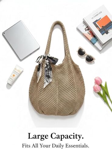Crochet Tote Bag for Women, French Style Hollow Out Mesh Beach Bag, Summer Vacation Essentials in Kuwait