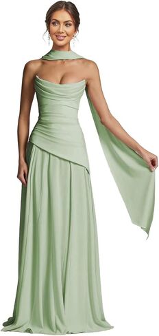 Strapless Chiffon Bridesmaid Dresses with Scarf Pleated Cowl Neck Formal Wedding Guest Dress for Women in Kuwait