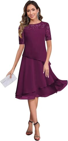 Women's Short Sleeve Tea Length Mother of The Bride Dresses for Wedding Ruffle Chiffon Lace Formal Dress in Saudi Arabia