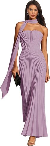 Pleated Bridesmaid Dresses with Scarf Strapless Maid of Honor Dress for Wedding Chiffon Long Evening Gown in Kuwait
