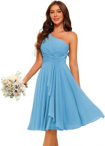 Women's One Shoulder Short Bridesmaid Dresses A Line Pleated Chiffon Formal Party Dress SQLE02 in Kuwait