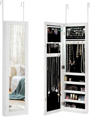 HJZWTS AUGESTER 12 LEDs Jewelry Armoire Organizer, Door/Wall Mounted Jewelry Cabinet w/Full-Length Mirror, Ring Slots Earring Slots Necklace Hooks & 5 Storage Shelves, Large Storage Capacity, White in Kuwait