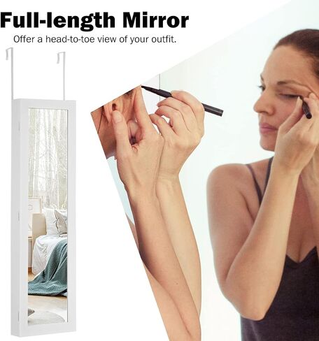 HJZWTS AUGESTER 12 LEDs Jewelry Armoire Organizer, Door/Wall Mounted Jewelry Cabinet w/Full-Length Mirror, Ring Slots Earring Slots Necklace Hooks & 5 Storage Shelves, Large Storage Capacity, White in Kuwait