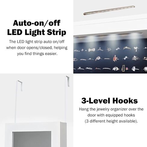 HJZWTS AUGESTER 12 LEDs Jewelry Armoire Organizer, Door/Wall Mounted Jewelry Cabinet w/Full-Length Mirror, Ring Slots Earring Slots Necklace Hooks & 5 Storage Shelves, Large Storage Capacity, White in Kuwait