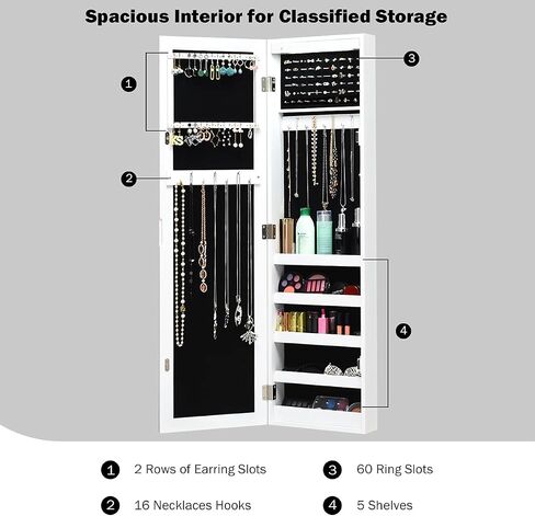 HJZWTS AUGESTER 12 LEDs Jewelry Armoire Organizer, Door/Wall Mounted Jewelry Cabinet w/Full-Length Mirror, Ring Slots Earring Slots Necklace Hooks & 5 Storage Shelves, Large Storage Capacity, White in Kuwait