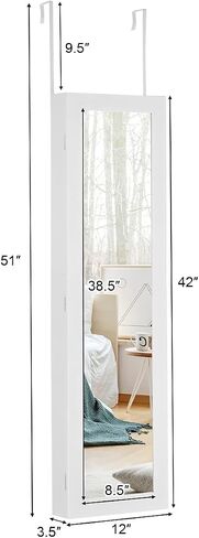 HJZWTS AUGESTER 12 LEDs Jewelry Armoire Organizer, Door/Wall Mounted Jewelry Cabinet w/Full-Length Mirror, Ring Slots Earring Slots Necklace Hooks & 5 Storage Shelves, Large Storage Capacity, White in Kuwait