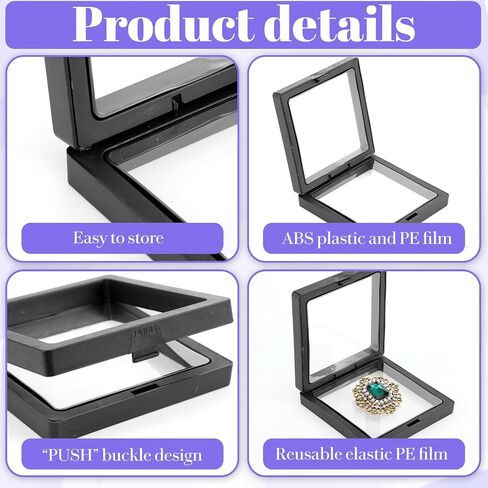 30 Pack 3D Floating Display Case, Multi-Size Floating Frame Display Stand Holder With Base, Transparent PE Jewelry Storage Box For Challenge Coin, Medal, and Specimen Collection, Black in Saudi Arabia