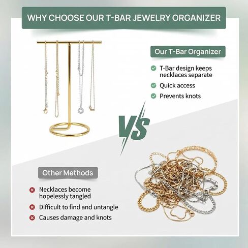 Jewelry Organizer with T Bar Design, Quick Installation Modern Decor for Women's Necklace, Earrings, Rings, Vanity or Dresser Top, Gold Finish in Kuwait