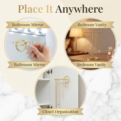 Jewelry Organizer with T Bar Design, Quick Installation Modern Decor for Women's Necklace, Earrings, Rings, Vanity or Dresser Top, Gold Finish in Kuwait