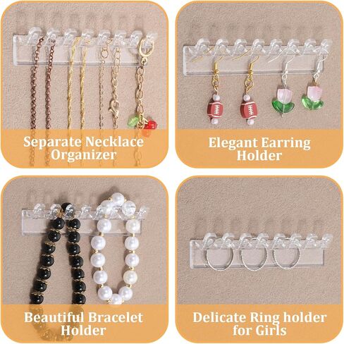 6 Pcs Necklace Holder, Hanging Jewelry Organizer, Wall Mount Jewelry Organizer with 8 Hooks, No-Drill Adhesive Hanging Racks Jewelrys Display for Rings, Earrings in Saudi Arabia
