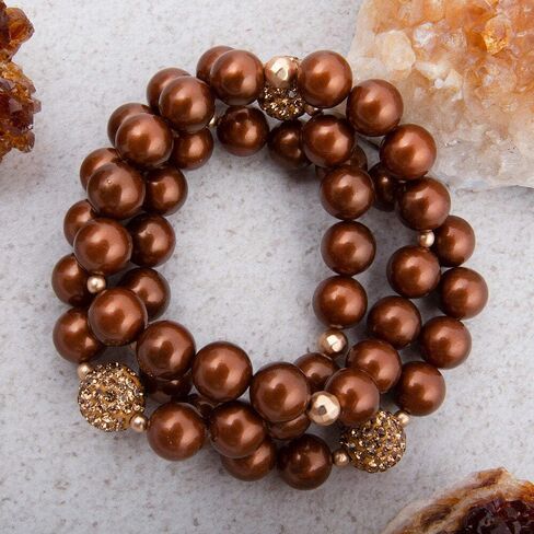 Barse Jewelry Mocha Brown Pearl Golden Sparkle Bracelet Set in Saudi Arabia