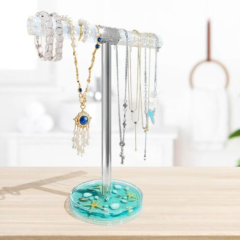 FONMY Jewelry Stand Holder Organizer Acrylic w/Nature Seashell Handmade,Seascape Countertop Jewelry Holder,Gift for Women,Jewlery Tower for Necklace, Earring, Bracelet (Blue) in Saudi Arabia