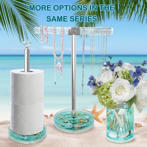 FONMY Jewelry Stand Holder Organizer Acrylic w/Nature Seashell Handmade,Seascape Countertop Jewelry Holder,Gift for Women,Jewlery Tower for Necklace, Earring, Bracelet (Blue) in Saudi Arabia