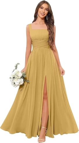 Tianzhihe Women's Bridesmaid Dresses Chiffon Square Neck Long Ruched Corset A Line Empire Waist Formal Dress with Pocekets in Saudi Arabia