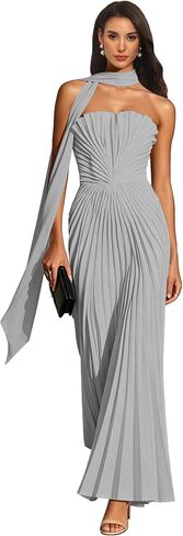 Pleated Bridesmaid Dresses with Scarf Strapless Maid of Honor Dress for Wedding Chiffon Long Evening Gown in Kuwait